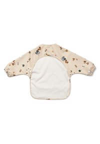 Beige long-sleeve smock with colorful animal and nature prints. Soft interior lining, elastic cuffs, and a snap closure at the back.