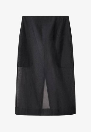 Sort midi-nederdel med en glat tekstur, høj talje og en slids foran. Enkelt, udekoreret design med en lige silhuet.