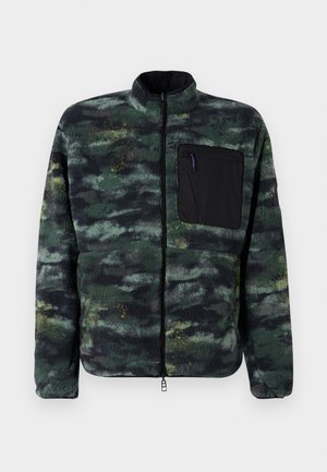 Fleece jacket with a green and black abstract pattern, high collar, full zipper, and a left chest pocket in solid black fabric.