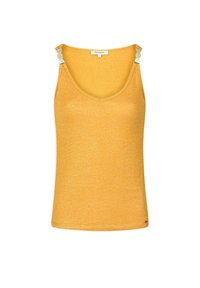 Gul linne med en subtil textur. Har justerbara axelband med hardwaredetaljer och en rundad halsringning. Rak fåll.