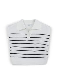 Weißes, gestricktes, ärmelloses Polo mit einem schwarzen horizontalen Streifenmuster, mit Kragen und geripptem Saum. Das Etikett lautet "CALLIOPE."