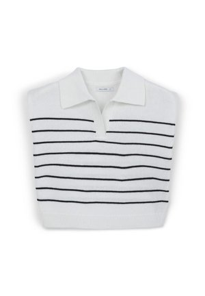 Polo senza maniche lavorato a maglia bianco con un motivo a strisce orizzontali nere, dotato di colletto e orlo a coste. L'etichetta reca la scritta "CALLIOPE."