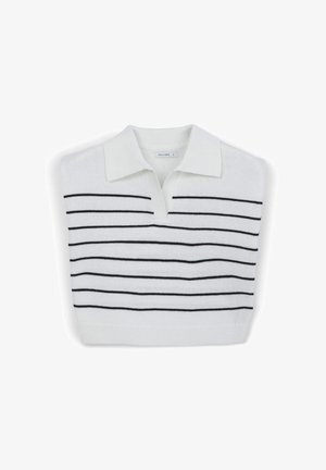 Polo senza maniche lavorato a maglia bianco con un motivo a strisce orizzontali nere, dotato di colletto e orlo a coste. L'etichetta reca la scritta "CALLIOPE."