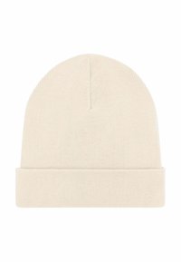 Gebreide crèmekleurige muts met geribbelde rand, zachte textuur, naadloze bovenkant en een ontspannen pasvorm, ontworpen voor warmte en comfort.