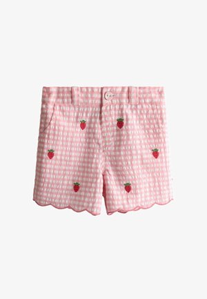 Lyserøde og hvide ternede shorts med broderede røde jordbær, bølget kant, knaplukning og forlommer.