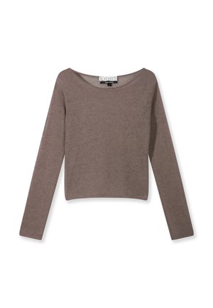 Lange mouwen, scoop-neck, taupe gebreid sweater met het label "10 Days," plat weergegeven op een witte achtergrond.