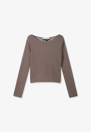 Lange mouwen, scoop-neck, taupe gebreid sweater met het label "10 Days," plat weergegeven op een witte achtergrond.