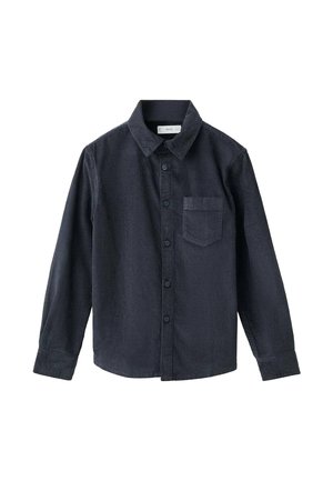 Chemise bleu foncé à boutons avec manches longues, col et poche poitrine. Fabriquée en tissu texturé avec un motif rayé subtil.