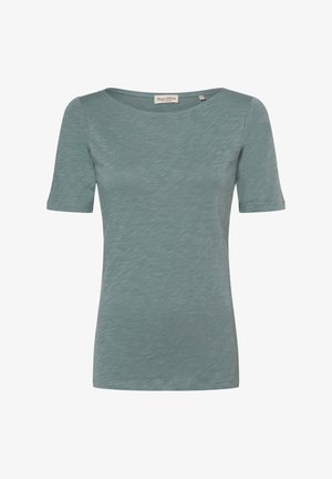 Short-sleeve t-shirt in muted blue-green, made of soft, textured fabric. Features a wide neckline and a fitted silhouette with no visible hardware.