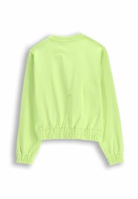 Jasnozielona, długo rękawowa, krótka bluza z elastycznym dołem i mankietami. Gładka faktura, z okrągłym dekoltem i bez widocznych elementów metalowych.