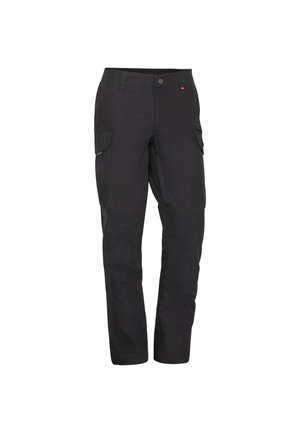 Sorte cargobukser med flere lommer, bæltestropper og knaplukning, designet til afslappet eller udendørs brug.