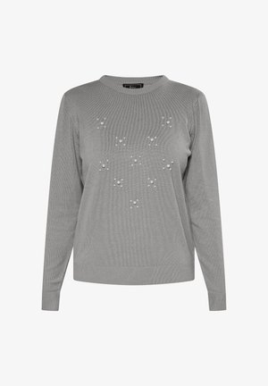 Szürke kötött pulóver hosszú ujjakkal, kerek nyakkal, és díszes gyöngyös részletek elszórt mintázatban az elején.