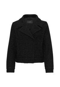 Veste courte en mélange de laine texturée noire avec de larges revers et des manches longues, présentant un motif tissé subtil.