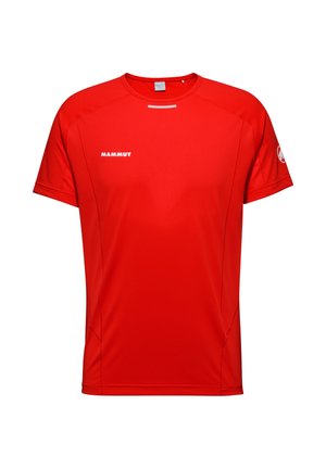Red short-sleeve T-shirt made of smooth, lightweight fabric. Features a crew neck, subtle side seams, and white logo on the front.