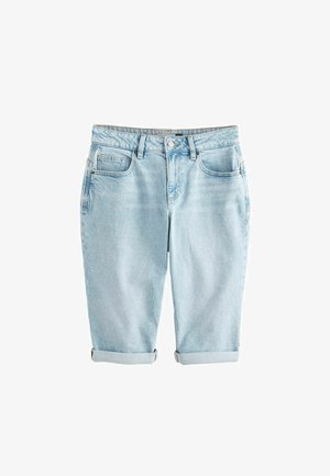Lyseblå denimshorts med oplagt kant, der har fire lommer, en knap- og lynlås-lukning samt en let falmet tekstur.