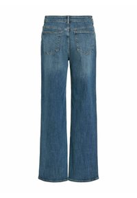 Jean en denim bleu à coupe large, avec deux poches arrière et une taille haute munie de passants pour ceinture.