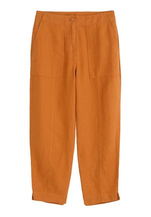 Orange linen trousers with a relaxed fit, featuring two front pockets, a button closure, and cuffed hems for a tailored look.