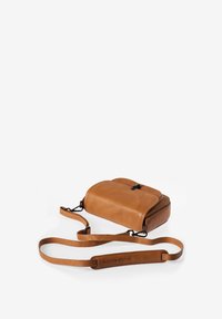 Borsa a tracolla in pelle marrone con forma arrotondata, dotata di patta frontale, tracolla regolabile e un branding discreto sulla tracolla.