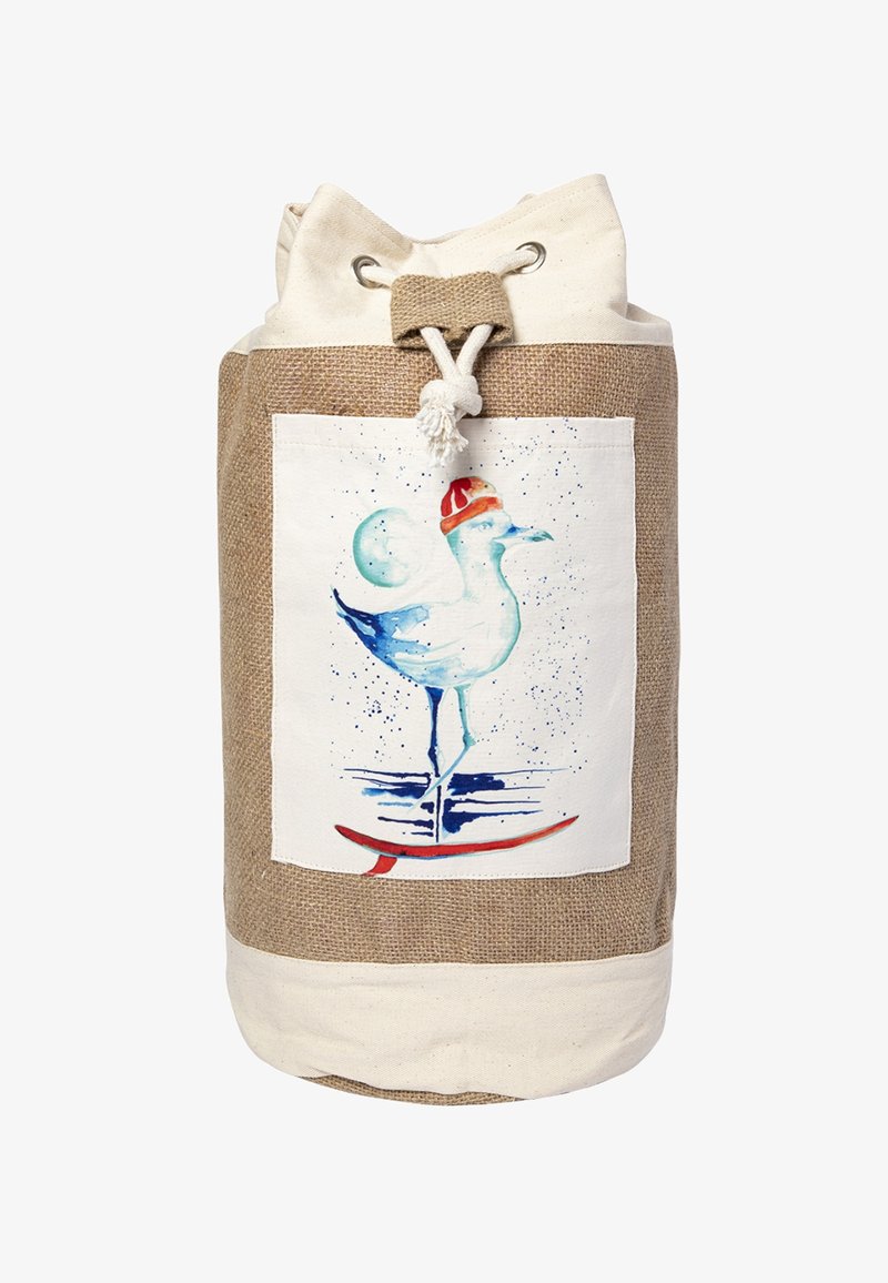 Leinwand- und Jutesack mit einem gemalten Möwe, die einen roten Hut trägt und auf einem Bein auf einem roten Surfbrett unter einem Sichelmond steht.