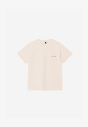 Μπεζ κοντομάνικο μπλουζάκι με στρογγυλή λαιμόκοψη και μικρό μαύρο κείμενο «MORNING CALLS.» στο αριστερό στήθος.