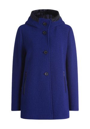Blauwe wollen blend jas met een capuchon, voorzien van een rits aan de voorkant, drie knopen en twee zijklepzakken. Gelaagd, warm materiaal.