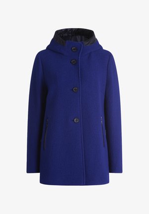 Blauwe wollen blend jas met een capuchon, voorzien van een rits aan de voorkant, drie knopen en twee zijklepzakken. Gelaagd, warm materiaal.