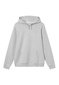 Gray hooded sweatshirt made of cotton blend, featuring a front pocket, drawstring hood, ribbed cuffs, and a subtle logo on the chest.