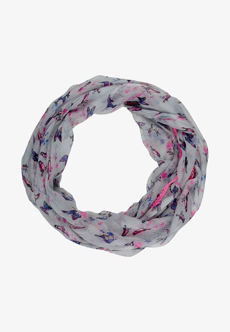 Écharpe infinity gris clair avec des motifs de papillons roses et bleus ainsi que d'oiseaux, disposée en boucle circulaire sur un fond blanc.