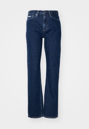 Jeans din denim albastru închis cu picioare drepte, închidere cu nasture și cinci buzunare. Materialul are o textură ușoară cu detalii de cusătură subtile.