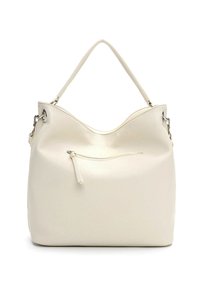 Kremowa skórzana torebka o zaokrąglonym kształcie, z uchwytem na górze i przednią kieszenią na suwak. Gładka faktura i minimalistyczny design.