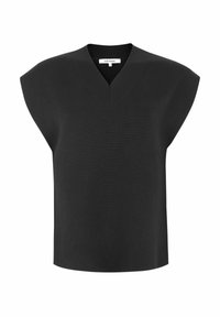 Top in maglia nera senza maniche con scollo a V e ampie aperture per le braccia, etichettato "Soft Rebels", taglia piccola.