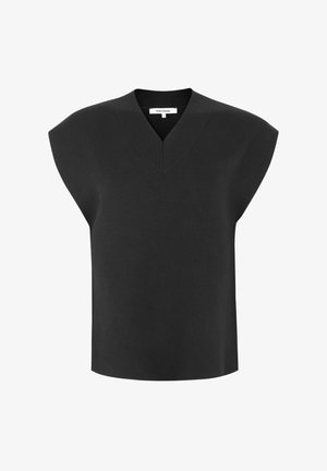 Melnā bez piedurknēm adīta blūze ar V-veida kakla izgriezumu un platajiem roku atverēm, apzīmēta ar "Soft Rebels", izmērs mazs.