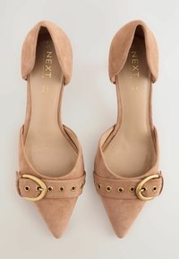 Spitze, rosa Wildlederballerinas mit einem breiten Riemen und goldenen Beschlägen sowie kreisförmigen Ausschnitten im Band. Geschmeidige Innenauskleidung.