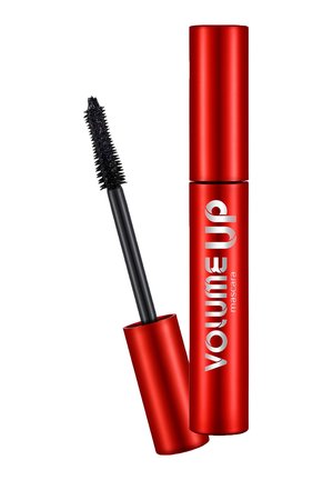 Red mascara tube with black spoolie brush applicator and "volumeup mascara" label on the tube against white background.