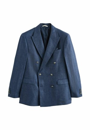 Marineblauer zweireihiger Blazer mit silbernen Knöpfen, spitzen Revers, vorderen Pattentaschen und einer Brusttasche mit passendem Einstecktuch.