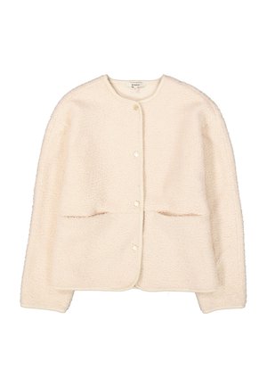 Cremfarbener Fleece-Jacken mit rundem Ausschnitt, frontaler Knopfverschluss, zwei Taschen und strukturierter Oberfläche.