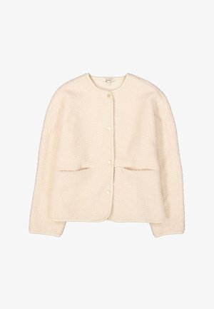 Crème-kleurige fleecejack met een ronde halslijn, een knoopsluiting aan de voorkant, twee zakken en een gestructureerde stof door het geheel.