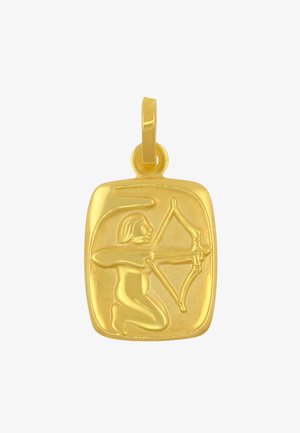 Ciondolo d'oro con rilievo di una figura inginocchiata con arco e freccia, incastonato in una forma rettangolare con una trama liscia e finitura lucida.