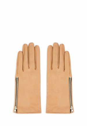 Rękawiczki ze skóry jasnobrązowej o gładkiej fakturze, wyposażone w zamek błyskawiczny wzdłuż zewnętrznej krawędzi, dodający szczegółów i funkcjonalności.
