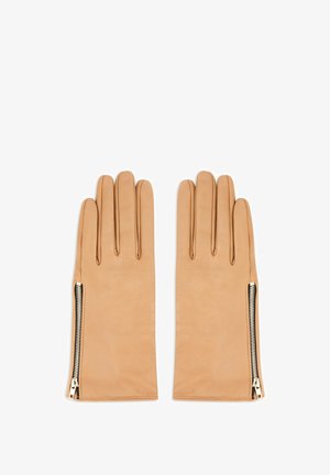 Rękawiczki ze skóry jasnobrązowej o gładkiej fakturze, wyposażone w zamek błyskawiczny wzdłuż zewnętrznej krawędzi, dodający szczegółów i funkcjonalności.