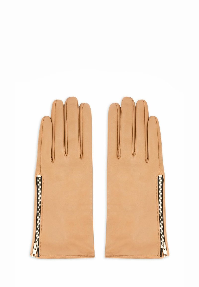 Rękawiczki ze skóry jasnobrązowej o gładkiej fakturze, wyposażone w zamek błyskawiczny wzdłuż zewnętrznej krawędzi, dodający szczegółów i funkcjonalności.