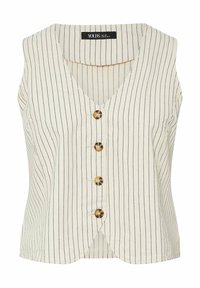 Ärmlös krämfärgad topp med lodräta marinblå ränder, V-ringning och fem dekorativa knappar fram. Tillverkad av lätt tyg.