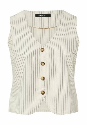 Sleeveless cream top with vertical navy stripes, V-neck, and five decorative buttons down the front. Made of lightweight fabric.