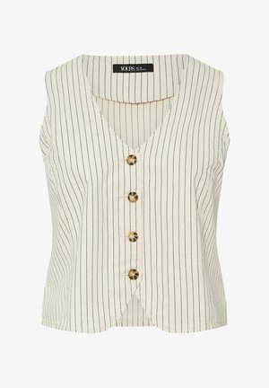 Beżowa top bez rękawów z pionowymi granatowymi paskami, w serek, z pięcioma dekoracyjnymi guzikami z przodu. Wykonana z lekkiego materiału.