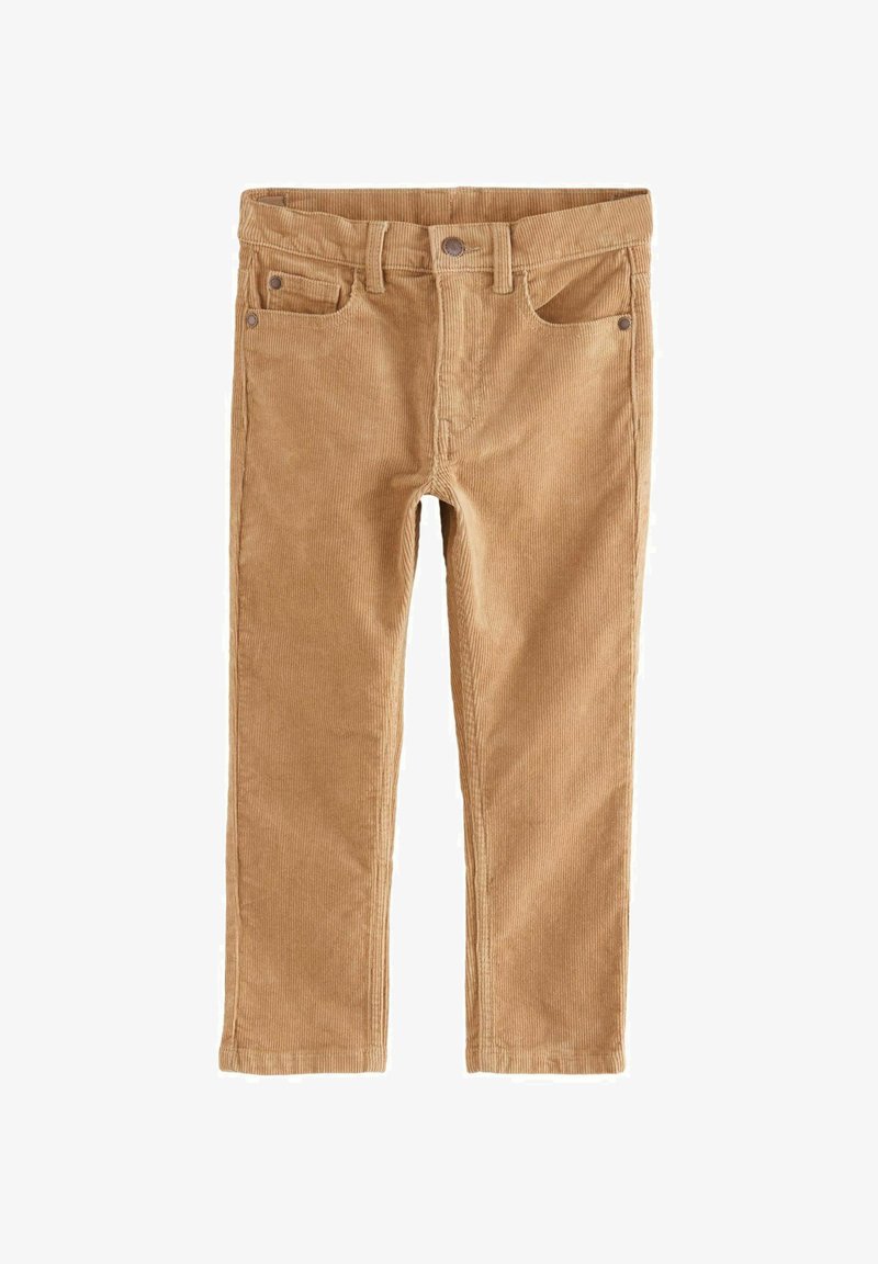 Pantalon en velours côtelé de couleur marron clair avec texture ribbée, design standard à cinq poches, fermeture par bouton et passants de ceinture, avec jambes droites.