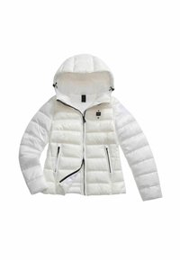 Giacca puffa bianca con cappuccio removibile, dotata di zip frontale e due tasche laterali. Design imbottito con una texture lucida.