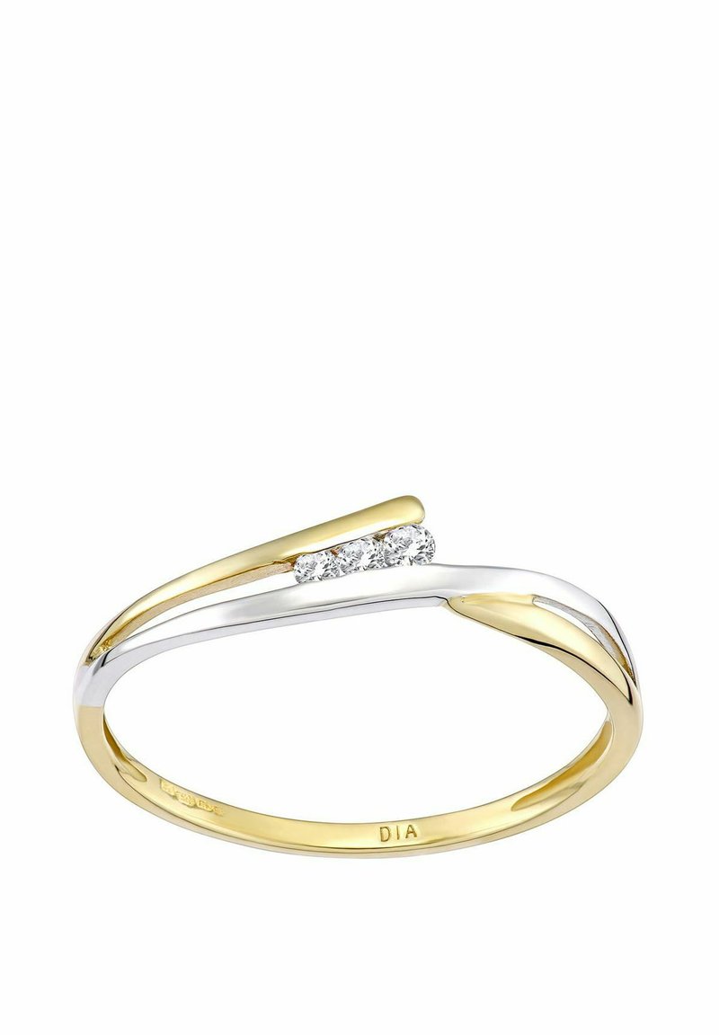 Kuld- ja hõbesõrm, millel on laineline disain ja kolm väikest teemanti, mis on paigutatud lähedale ülaosale. Sile metallviimistlus kontrastsete värvustega.