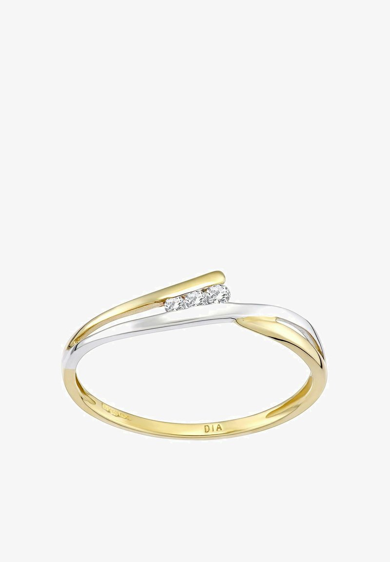 Kuld- ja hõbesõrm, millel on laineline disain ja kolm väikest teemanti, mis on paigutatud lähedale ülaosale. Sile metallviimistlus kontrastsete värvustega.