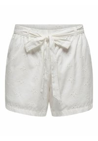 Shorts en coton blanc avec des motifs floraux brodés, une ceinture à nouer et une taille élastique pour un ajustement flexible. Texture douce, design décontracté.
