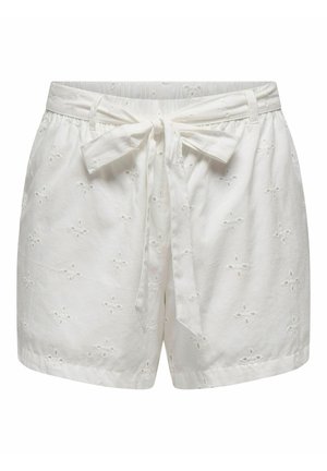 Baltas kokvilnas šorts ar izšūtām ziedu rakstiem, jostas saites un elastīgu jostu, kas nodrošina elastīgu piegādi. Gluda tekstūra, ikdienišķs dizains.